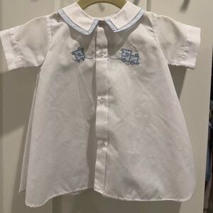 Feltman Brothers Baby Dress with Blue Train Embroidery